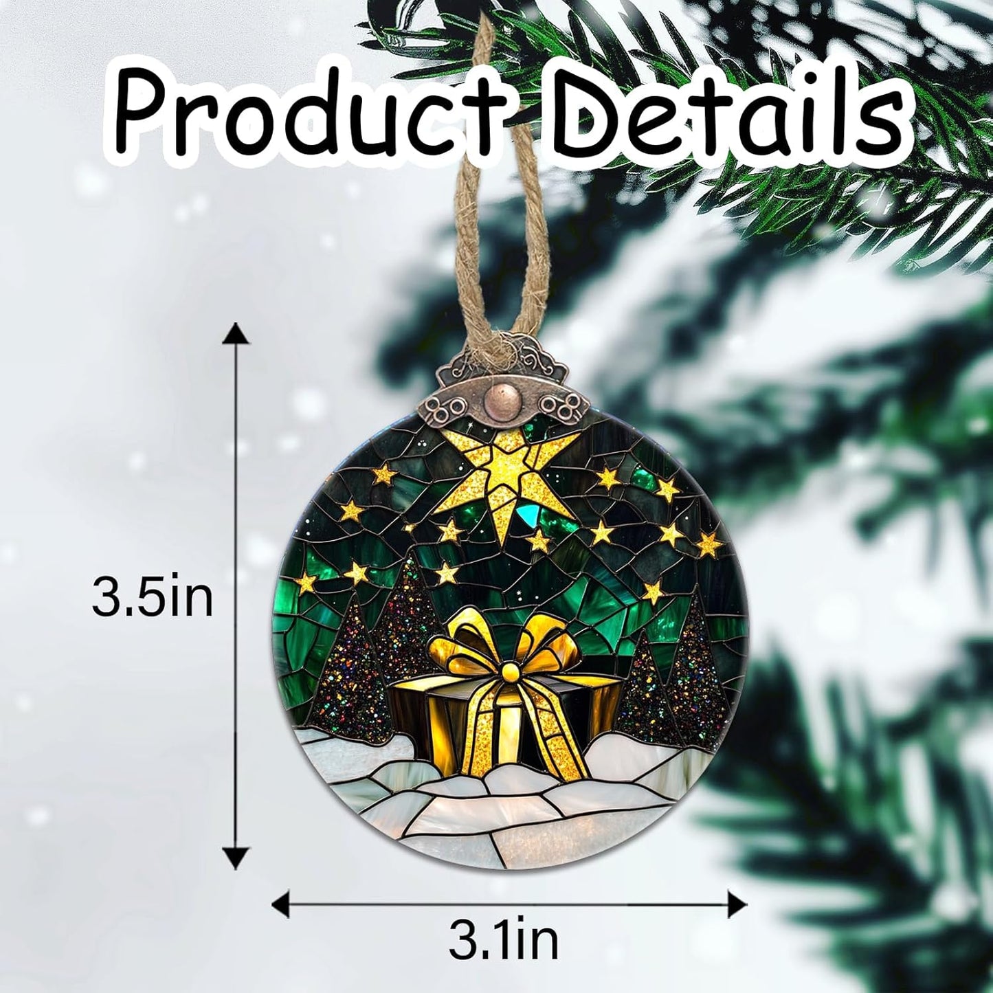 Stained Glass Christmas Decorations, Gold Star Suncatcher for Window Christmas Tree Hanging Ornaments Green Winter Night Scene Sun Catcher Xmas Decor Gifts for Women Men Mom Nana Friend