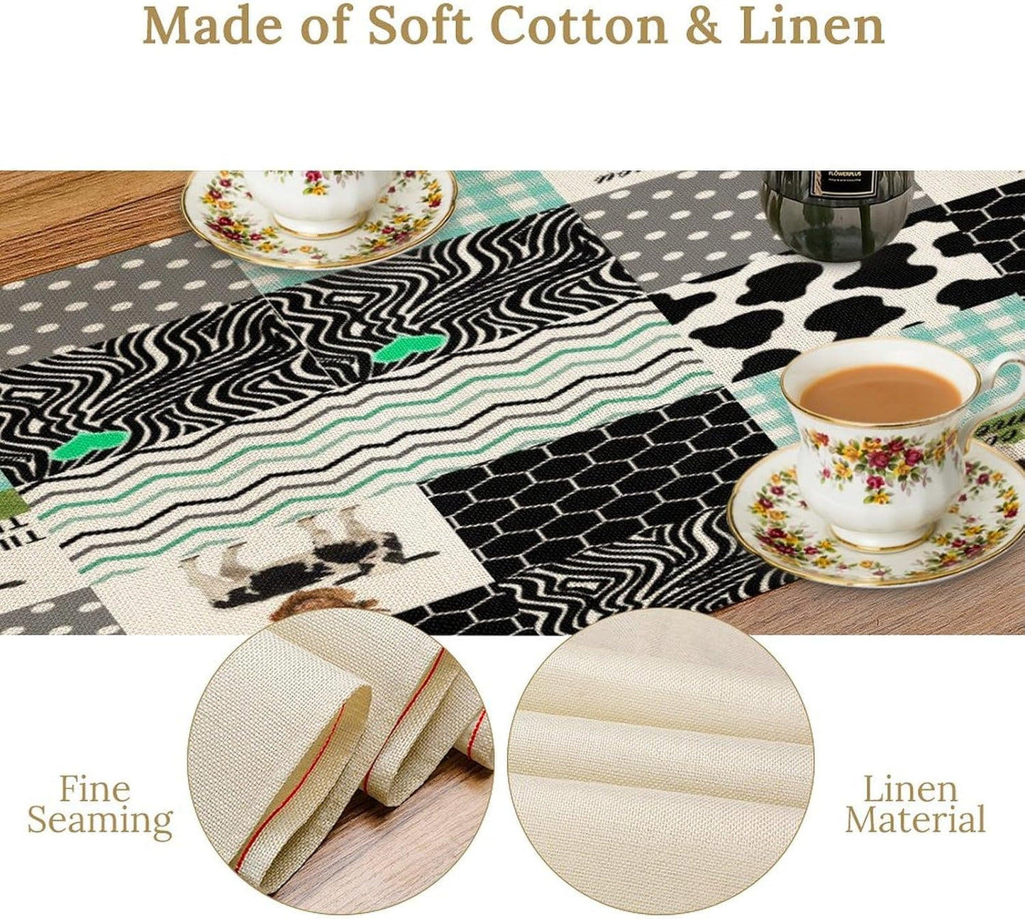 Cute Cow Print Table Runner,Farm Animals Honeycomb Plaid Stripes Cowhide Pattern Tablecloth Burlap for Hotel Indoors Outdoor Dining Room Kitchen Table Decor, 13x108in