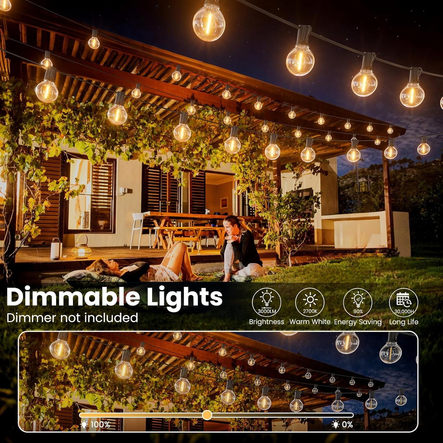 RTTY Outdoor String Lights 200ft, 2 Pack 100ft G40 Led Patio Globe Lights with 52pcs Bulbs,Shatterproof Waterproof Connectable Outside Hanging for Porch Cafe Bistro Backyard Gazebo Balcony Deck Party
