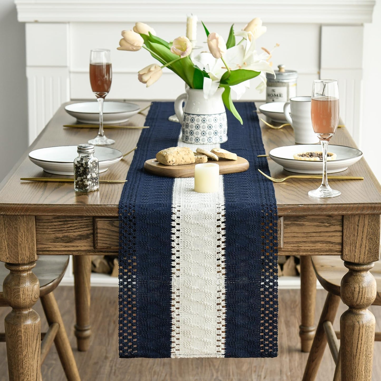 Artoid Mode Dark Blue Farmhouse Rustic Table Runner, Seasonal Hollow Kitchen Dining Table Decoration for Home Party Decor 12x108 Inch