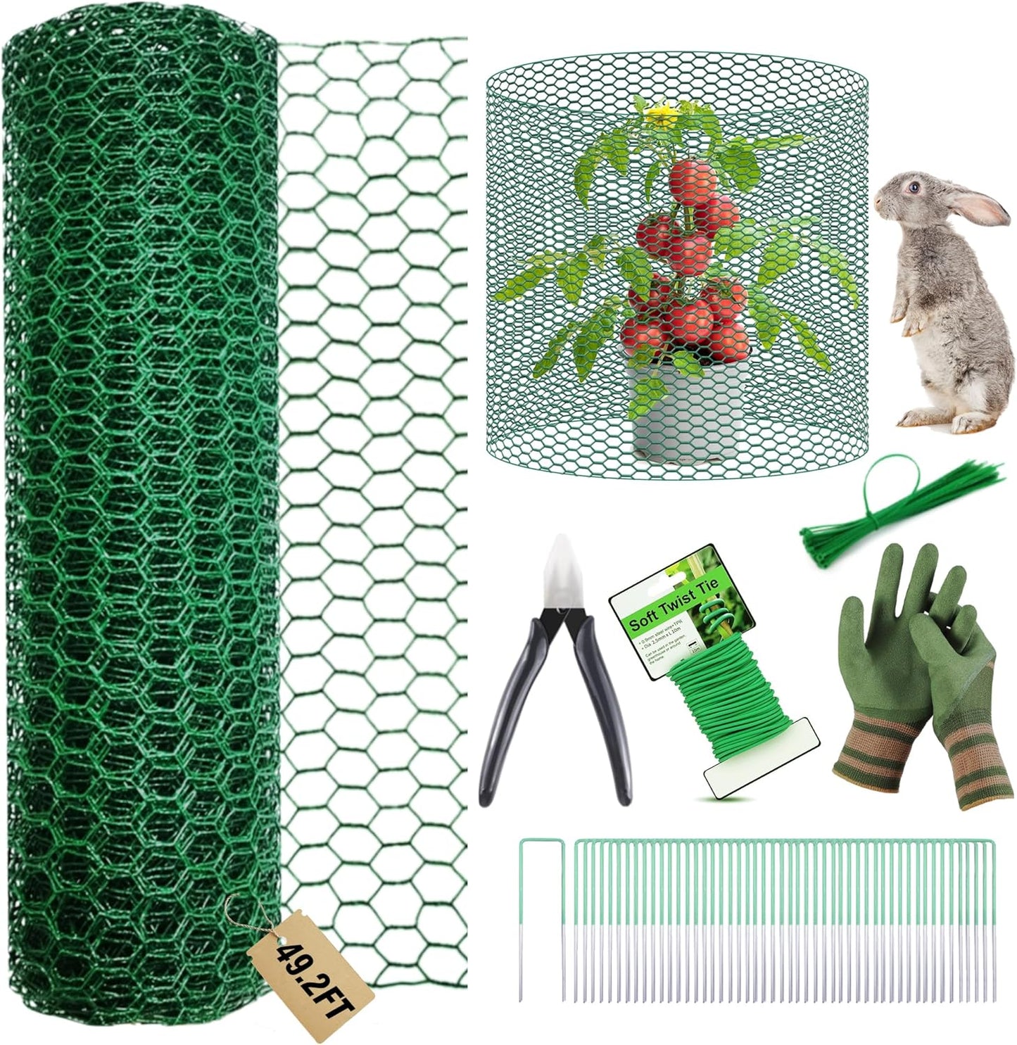 49.2Ft x16In Plant Protectors from Animals - Wire Plant Protector Cages for Outdoor Plants, Free-Cut Metal Mesh Plant Covers Guards Fence, Chicken Wire Cloche with Ground Stakes,Zip Ties