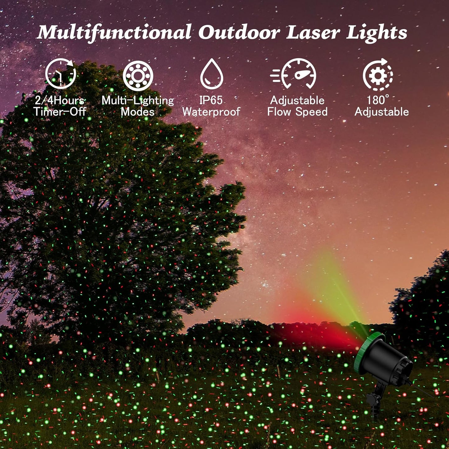Outdoor Laser Lights Projector with 3 Color Motion Firefly Lights Show, RGB Christmas Decor for Trees, Patio, Landscape