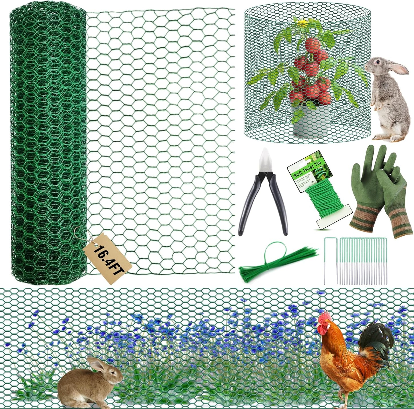 16.4Ft x16In Chicken Wire for Floral Arrangements - Free-Cut Green Metal Mesh with Hexagonal Galvanized PVC Coated Netting Guard Fence for Poultry, Garden, Plant