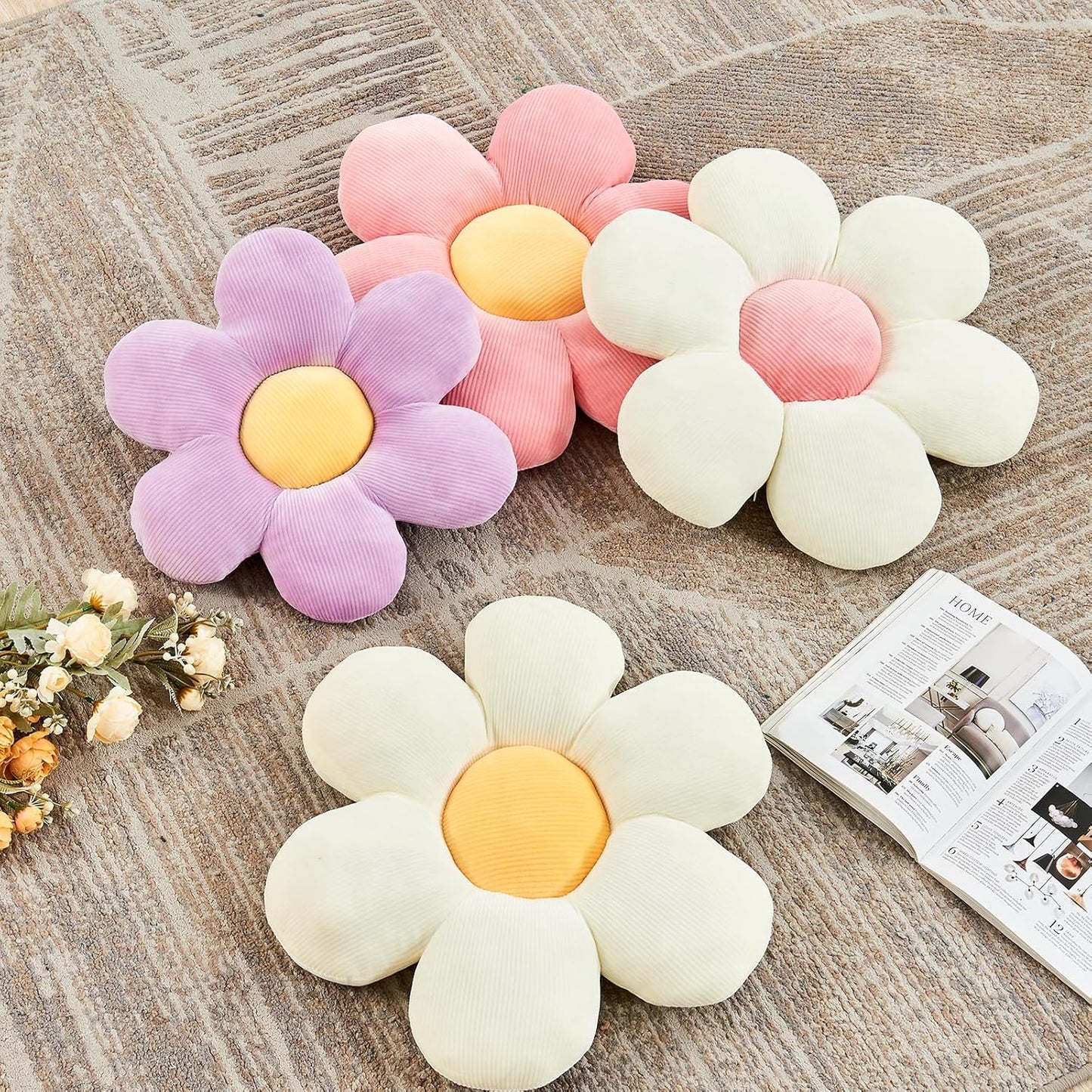 Purple Flower Pillow, 14.9" Cute Flower Shaped Floor Pillow, Aesthetic Floral Plush Daisy Decorative Throw Pillows for Bed Sofa Couch