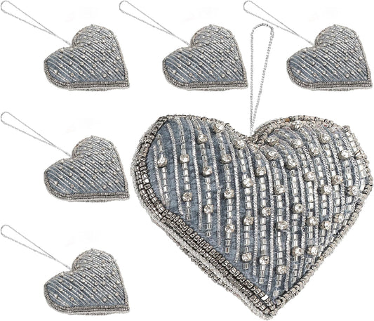 Set of 6 Beaded Heart Ornaments - Rustic Hanging Love Decorations, Farmhouse Wall Decor, Romantic Gifts for Her, Him, or Couples - Handmade Valentine’s Day & Mother’s Day Decor (Grey) - CLEENTABLE