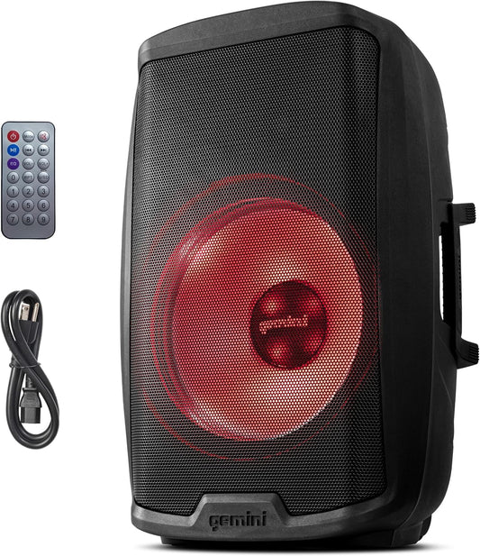 Gemini Sound AS-2115BT-LT Active 2000W Watt Party LED Light 15 Inch Woofer Powered Stage DJ Monitor Bluetooth PA Speaker, Wireless Stereo Pairing, Portable Fly Points