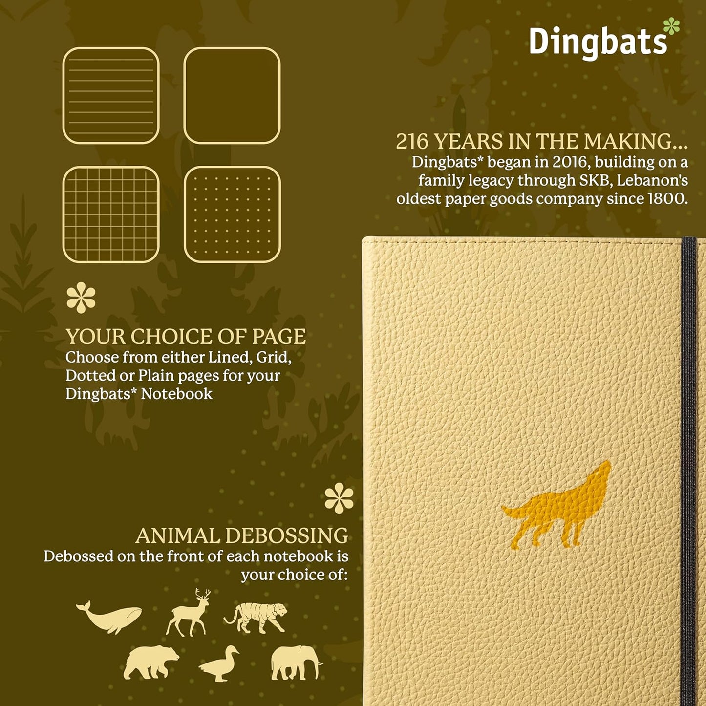 Dingbats* Wildlife Dotted Writing Journal Notebook A5 - Vegan Leather Hardcover - Ideal for Work, Travel - Pocket, Elastic Closure, & Bookmark