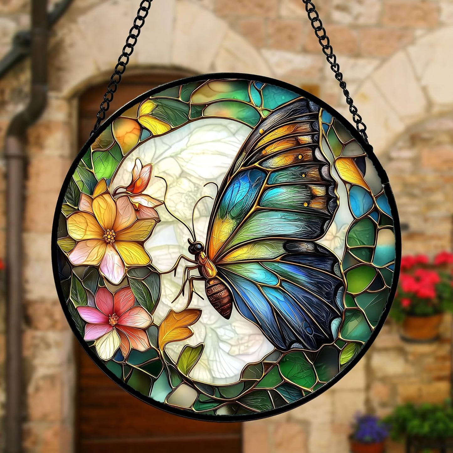 Stained Glass Window Hanging, Butterfly Flower Sun Catchers Diamond Glass Panel Hangings Insect Suncatcher Decor for Birthday for Women, Men, Wife, Aunt, and Mom 11.8x11.8 in
