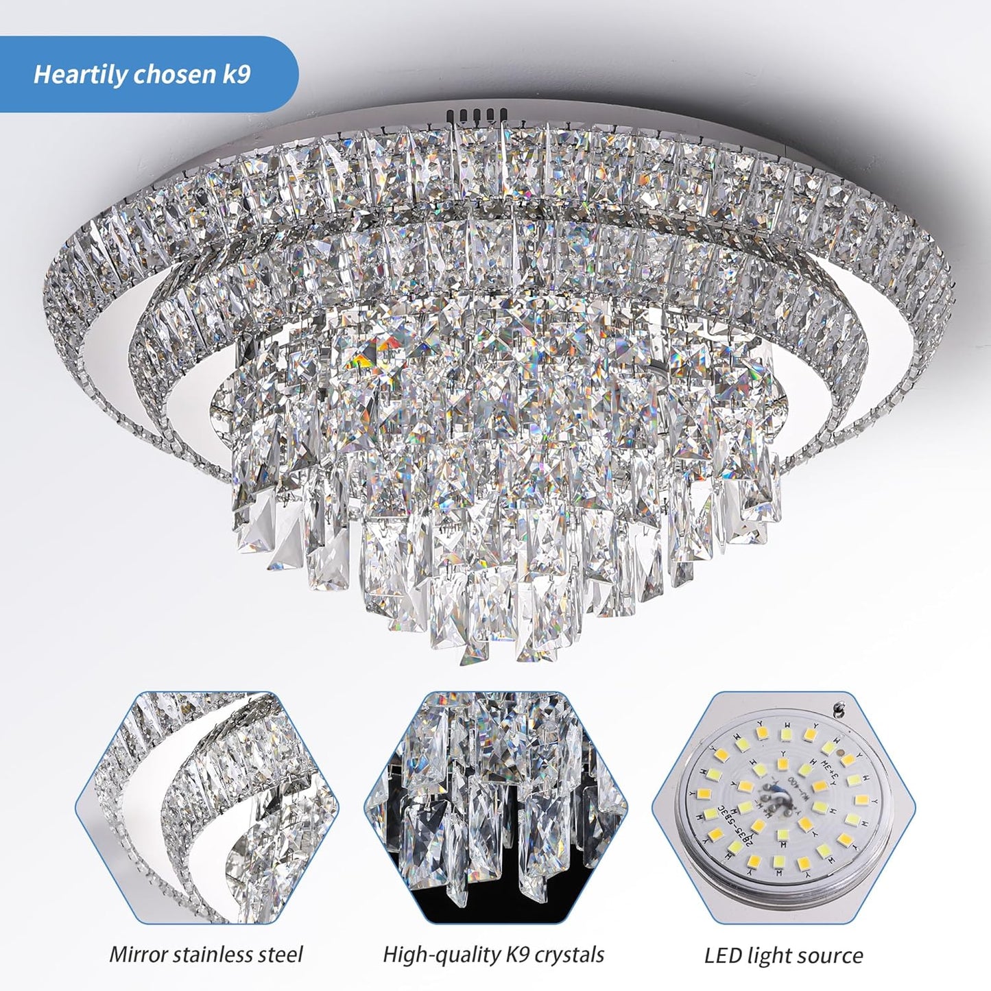24 inch Crystal Silver Ceiling-Light Flush Mount with Remote Control and APP, 3CCT Dimmable & Brightness Adjustable, Modern Crystal Raindrop Chandeliers for Bedroom Hallway Dinning Room Living Room